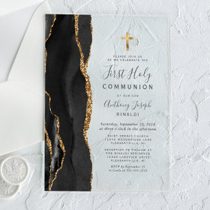 Zwarte Agate Gouden Glitter Eerste Heilige Communi Acryl Uitnodigingen