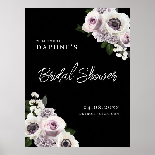 Zwarte Anemoon & Paarse Bloemen Zwarte Douche Welk Poster (Voorkant)