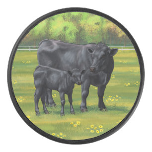 Zwarte Angus-Koe en Cute Calf in zomerperiode Hockey Puck