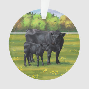 Zwarte Angus-Koe en Cute Calf in zomerperiode Ornament