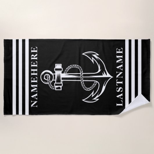 Zwarte anker en strepen aangepaste naam of tekst strandlaken (Voorkant)