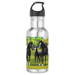 Zwarte appaloosa-paarden in de zomerperiode waterfles