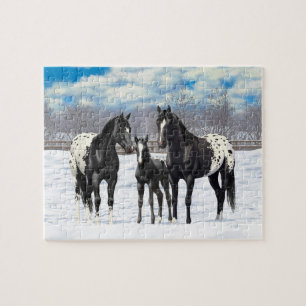 zwarte appaloosa-paarden in sneeuw legpuzzel
