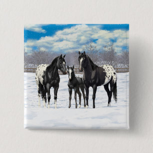 zwarte appaloosa-paarden in sneeuw vierkante button 5,1 cm