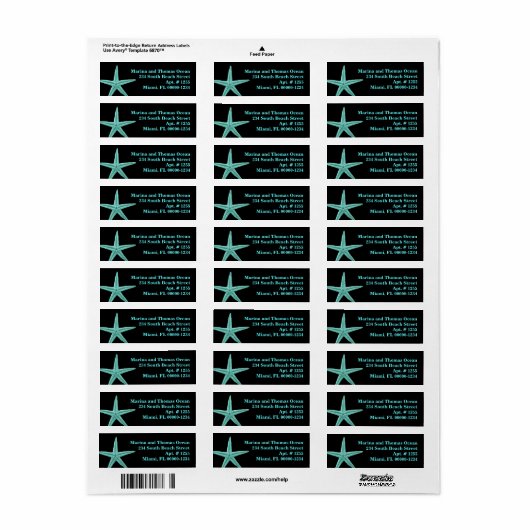 Zwarte Aqua Blue Starfish Aangepaste Adresetikette Etiket (Full Sheet)