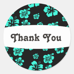 Zwarte & Aqua Hibiscus Bloem Bloemend Party Sticke Ronde Sticker