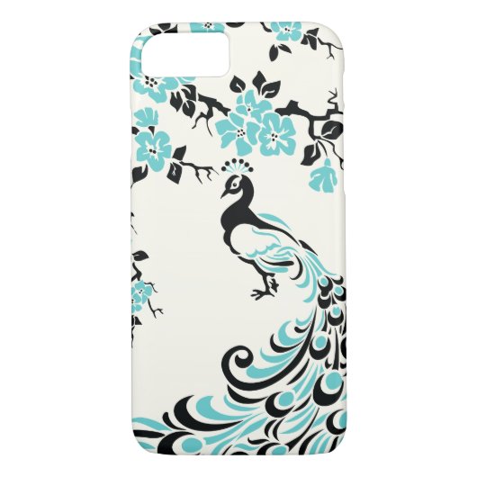 Zwarte, aquablauwe pauw & kersenbloesems Case-Mate iPhone case (Achterkant)
