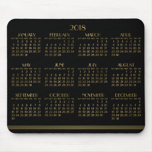 Zwarte Art Deco Gouden Jaarlijkse Kalender 2018 Mu Muismat (Voorkant)