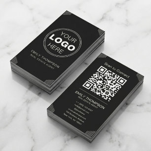 Zwarte Art Deco Minimaal QR Contactontwerp Visitekaartje