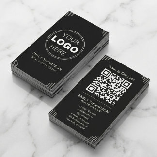 Zwarte Art Deco Minimaal QR Contactontwerp Visitekaartje