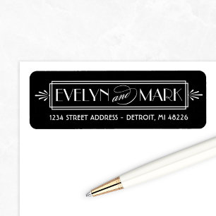 Zwarte Art Deco Trouw Monogram Adres Etiket