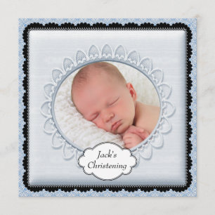 Zwarte baby blauwe jongens foto doop uitnodigingen