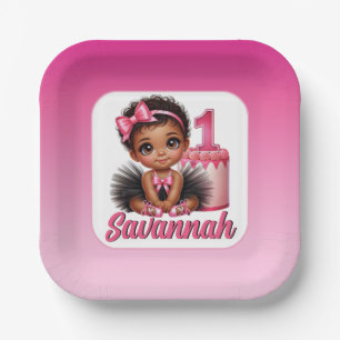 Zwarte Baby Meisje Roze Ballerina 1e Verjaardag Papieren Bordje