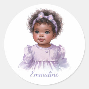 Zwarte babymeisje in paarse watercolor portret ronde sticker