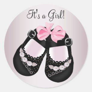 Zwarte babyschoentjes Roze babyshowerstickers Ronde Sticker