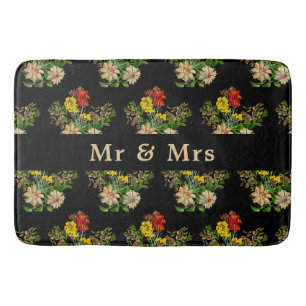 Zwarte badmat met vintage bloemenprint en personal