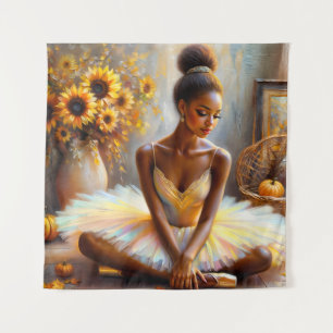 Zwarte ballerina herfstkunst met zonnebloemen wandkleed
