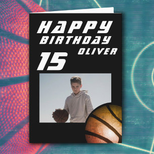 Zwarte Basketbal Bal Jongen Foto Gelukkig Verjaard Kaart