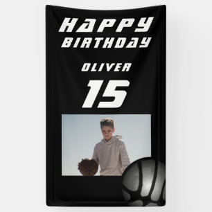 Zwarte Basketbal Bal Jongen Foto Gelukkige Verjaar Spandoek