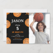 Zwarte basketbal foto uitnodiging (Voorkant)