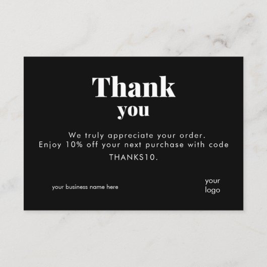 Zwarte Bedankkaart Logo Korting Code (Achterkant)