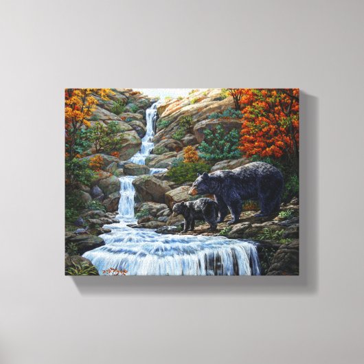 Zwarte Beer moeder en waterval Canvas Afdruk (Voorkant)