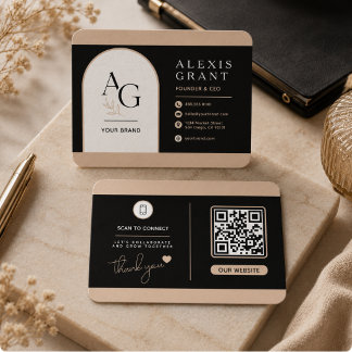 Zwarte Beige Luxe QR Branding Afsprakenkaartje