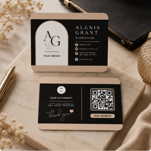 Zwarte Beige Luxe QR Branding Zakelijk Visitekaart Vierkante Visitekaartje