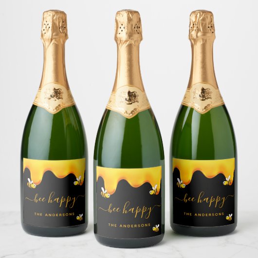 Zwarte bijen blij met hommels zoete honing-monogra sparkling wijnetiket (Flessen)