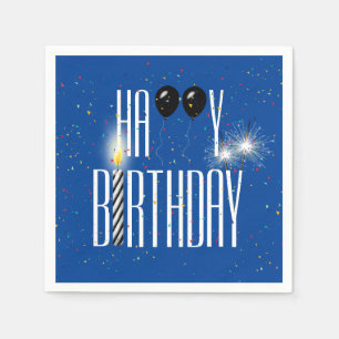 Zwarte Birthday-ballonnen en Sparklers op blauw Servet