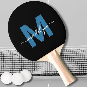 Zwarte Blau Elegante Script Naam Monogram Tafeltennisbatje