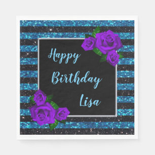 Zwarte Blauwe Glitter Stripes Paarse Rozen Birthda Servet