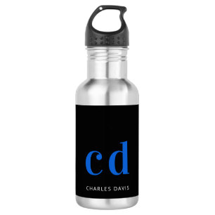 Zwarte blauwe monogram, moderne naam waterfles 