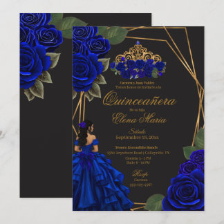 Zwarte Blauwe Rozen Gouden Prinses Quinceañera Kaart