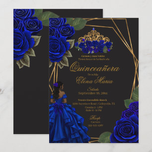 Zwarte Blauwe Rozen Gouden Prinses Quinceañera Kaart