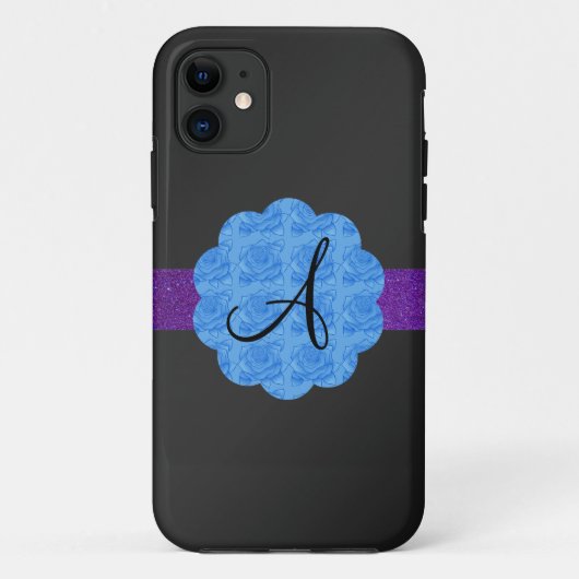 Zwarte blauwe rozen monogram Case-Mate iPhone case (Achterkant)