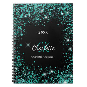 Zwarte blauwgroen glitterstof groene monogram init notitieboek