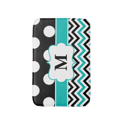 Zwarte Blauwgroen Stippen Chevron Monogram Bathmat Badmat (Voorkant Verticaal)