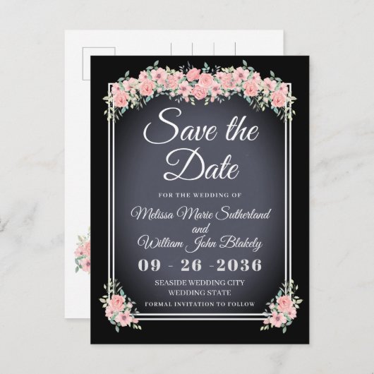 Zwarte Bloem Chalkboard Trouw Save the Date Uitnodiging Briefkaart (Voorkant / Achterkant)