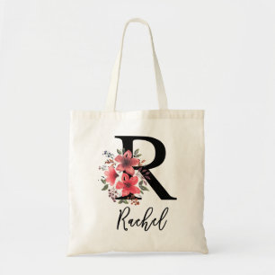 Zwarte Bloembrief R Monogram met aangepaste naam Tote Bag
