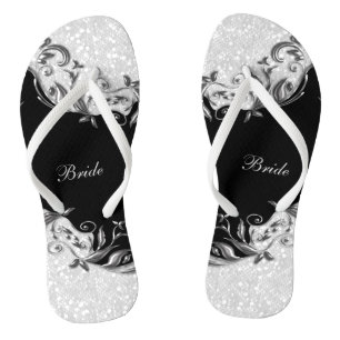 Zwarte Bloemen & Confetti Glitter Bruiloft Teenslippers
