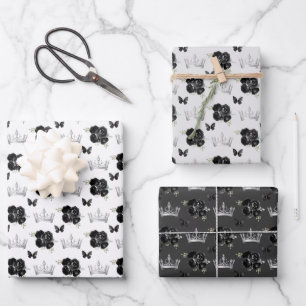 Zwarte Bloemen en Zilveren Kronen Inpakpapier Vel