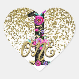 Zwarte Bloemen Gouden Glitters EEN 1 1e Verjaardag Hart Sticker
