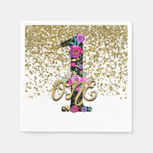 Zwarte Bloemen Gouden Glitters EEN 1 1e Verjaardag Servetten