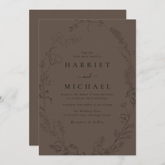 Zwarte Bloemen Line-Art Wildflower krans bruiloft Kaart (Voorkant / Achterkant)