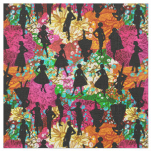 Zwarte Bloemen Midden-Eeuw 1950 silhouet Stof