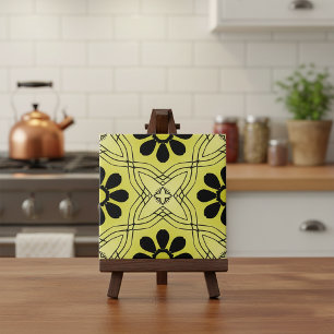 Zwarte Bloemen op Lime Green Background Pattern Tegeltje