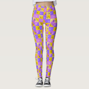 Zwarte bloemen op roze paarse en gouden abstract leggings