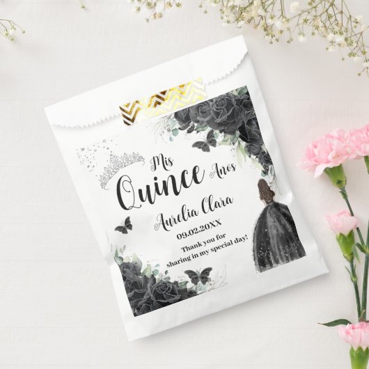 Zwarte Bloemen Vlinders Meisje Jurk Quinceanera Bedankzakje (Gezegeld)