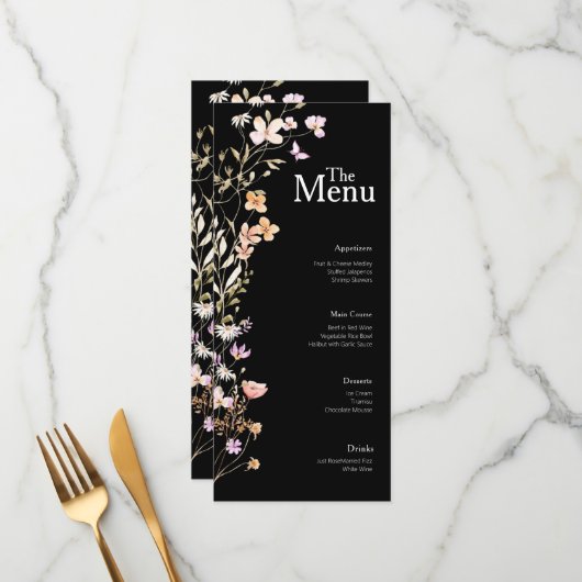 Zwarte Bloemen Wedding Event Menu Tafel Decor (Voorkant / Achterkant in situ)